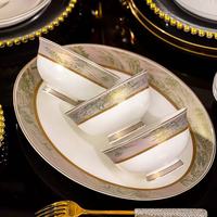 Service de table en porcelaine fine motif paysage oriental, bordure dorée de luxe, compatible lave-vaisselle, pour la maison, les mariages, les banquets et les hôtels
