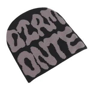 Wholesale customized beanies hats all over logo knitted jacquard winter skull beanie