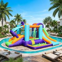Château gonflable géant commercial multi-pistes avec toboggans et piscine à balles, combo gonflable en PVC violet et vert pour location de fêtes d'enfants