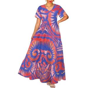 ชุดเดรสยาวพิมพ์ลายชนเผ่าโพลีนีเซียนแบบไท-ได ดิจิตอลพิมพ์ลาย คอวี เอวสูง แขนสั้น ทรงหลวม สไตล์ลำลองสำหรับฤดูร้อน - Product Image 2