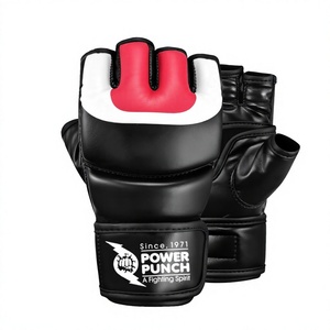 Gants de MMA Power Punch en cuir respirant, demi-doigts, avec fermeture, noir, rouge, blanc, pour entraînement d'arts martiaux, taille adulte - Product Image 1