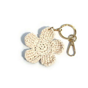Hand Crocheted Raffia Flower Keychain Handwoven Floral Bag Charm Boho Backpack Purse Decor Accessory - Product Image 3