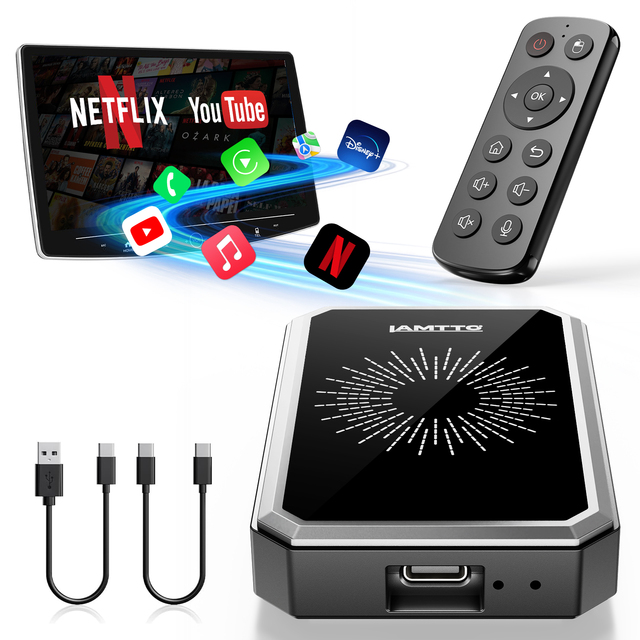 LAMTTO 4-in-1 AI Box Wireless CarPlay and Android Auto Adapter for Streaming Netflix/YouTube/TikTok,Telecontrol,Split-Screen