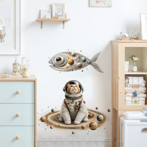 Adesivo Murale Animale Cosmico Cartoon: Gatto Astronauta e Pesce Spaziale Nebulosa, Decorazione Spaziale Adesiva per Stanza dei Giochi dei Bambini - Product Image 1
