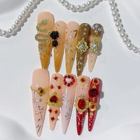 Tacana 10 pièces Faux ongles à presser faits main, longs, motif cœur, serpent doré, cristal, French, estampage 3D doré, couverture complète