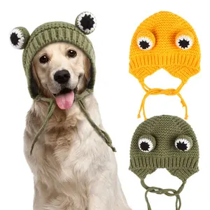 재미있는 귀여운 개구리 니트 애완 동물 모자 겨울 따뜻한 비니 개 고양이 모자 손으로 짠 개구리 개 헤드 기어 애완 동물 액세서리