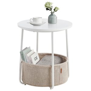 SENYU Modern Round Side <b>Table</b> with Storage Basket for Living Room Furniture, Minimalist Design, White Metal Frame and Fabric Bin - Product Image 1