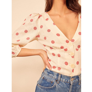 Chemise à col en V en lin rétro française, élégante, coupe ajustée, style décontracté, taille naturelle, en mousseline de soie, collection été 2021 pour femmes NR211 - Product Image 2