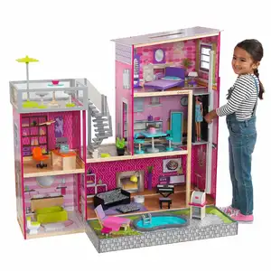 Uptown Dollhouse bằng gỗ Nhà búp bê hiện đại với đèn & âm thanh, hồ bơi và 36 Phụ kiện trẻ em giả vờ chơi đồ chơi hous