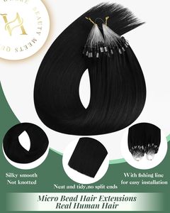Extensions de <span class=keywords><strong>cheveux</strong></span> Micro Link Micro-loop à pointe plate, lisses, qualité 10A, <span class=keywords><strong>noir</strong></span> jais, perles minuscules assorties, 50g - Product Image 2