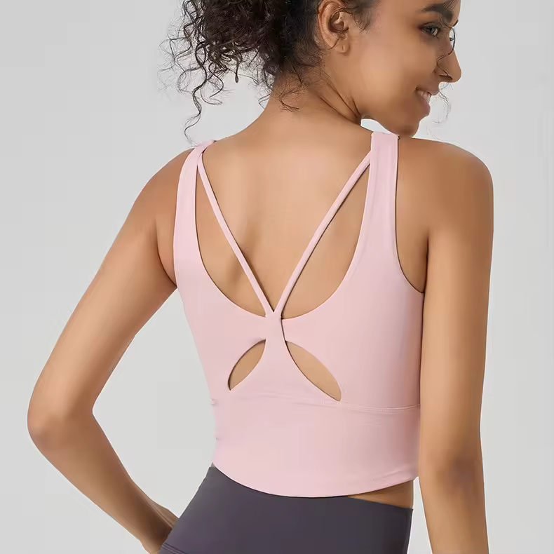 Women's Fashion Back Gym Fitness Vest Four Way Elastic Seamless Fixed Chest Mat Workout Clothes Sports Yoga Top