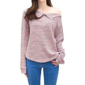 Haut en tricot pour femme à col Peter Pan, épaules dénudées, manches longues, design asymétrique, décontracté, automne, couleur unie, coton, fibre de bambou - Product Image 1