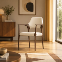 Fauteuil de salle à manger BST Mid-Century Modern en bois de noyer avec assise rembourrée en cuir crème pour salle à manger