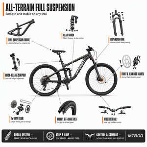 Vélo <span class=keywords><strong>de</strong></span> montagne MTBGO 26 pouces haute performance, suspension intégrale, freins à disque 21/24 vitesses, <span class=keywords><strong>potence</strong></span> en alliage, vélo <span class=keywords><strong>de</strong></span> montagne pour homme adulte - Product Image 2