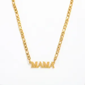 Joolim Jewelry 18K Gold Plated Stainless Steel Mama Letter Pendant Figaro Chain Necklace Wholesale Gift