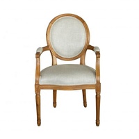 P2201 Mid Century Antique Vintage Chêne Massif Bois Beige Lin Tissu Rembourré Dossier Rond Accoudoir Louis Chaise de Salle à Manger