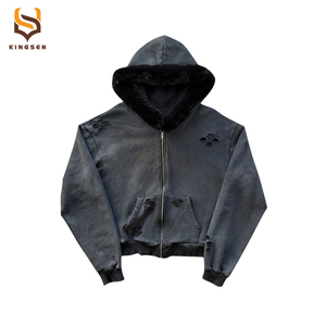 OEM Custom Logo <b>Zip</b> <b>up</b> <b>Hoodie</b> 100% Cotton Boxy Distressed Faux Fur Hood Blank Solid Heavyweight Cotton <b>Cropped</b> Hoodies for Men - Product Image 6
