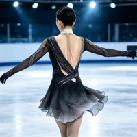 Robe de performance en mousseline irrégulière, dégradé noir-gris, asymétrique à une épaule, froncée, avec strass et dos en V profond, pour patinage artistique