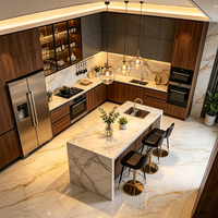 Ensemble d'îlot de cuisine complet Lesso Home, moderne et luxueux, en laque, marbre, verre, panneau mélaminé intelligent, placage bois massif, avec armoires de rangement