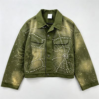 Veste en jean épais à épaules tombantes, design personnalisé, en denim vintage délavé au soleil, en coton, à manches longues, avec strass et col rabattu