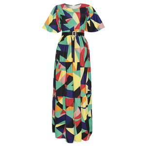 Jupe longue imprimée à motifs contrastés, nouvelle robe africaine pour femmes au style doux et frais avec col rond et motif quadrillé - Product Image 4