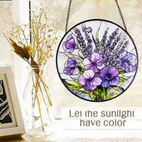 Buket Bunga Lavender Ungu Pansy Art Deco Kaca Patri Suncatcher Hiasan Gantung Jendela Kaca Floral Natal Ulang Tahun