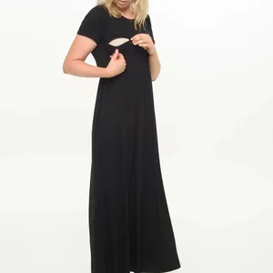 2021 del commercio all'ingrosso Delle Donne Vestiti Di Maternità Girocollo Manica Corta Rayon Spandex Allattamento Al Seno Maxi Dress in Black - Product Image 1