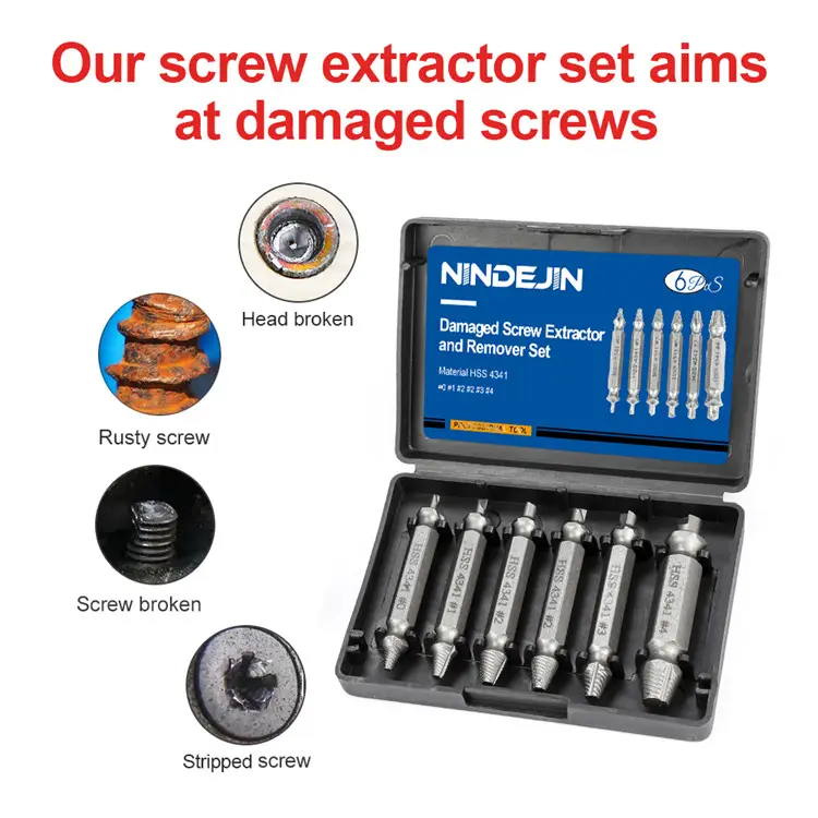 Manufacturer 4PC 5PC 6PC NINDEJIN Titanium Plated Stripped Screw Extractor Set Speed Out Damaged Screw Extractor Kit