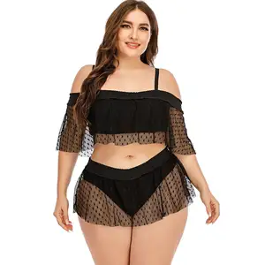 2021 Badpakken Black Mesh Patchwork Off Shoulder Bikini Badmode Plus Size Vrouwen 2 Stuk Badpak