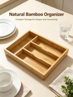 Plateau de rangement en bois rectangulaire à 4 compartiments avec rebord surélevé pour stylos et outils