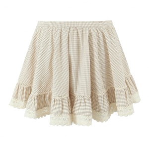 Falda informal de verano de algodón color caqui para mujer, con estampado a cuadros, ribete de encaje y cierre de cremallera. - Product Image 2