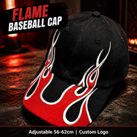 Casquette de baseball unisexe vintage en sergé de coton à 6 panneaux, réglable, brodée, avec logo personnalisé motif flamme noire, vente en gros OEM, faible MOQ
