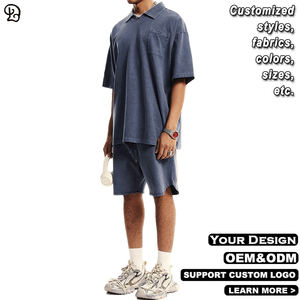 Ensemble Polo et Short Unisexe Lavé Col Polo <span class=keywords><strong>Homme</strong></span> Grande Taille Décontracté Été 2 Pièces <span class=keywords><strong>Tenue</strong></span> Ample Streetwear <span class=keywords><strong>Vintage</strong></span> Vêtement de Sport - Product Image 4