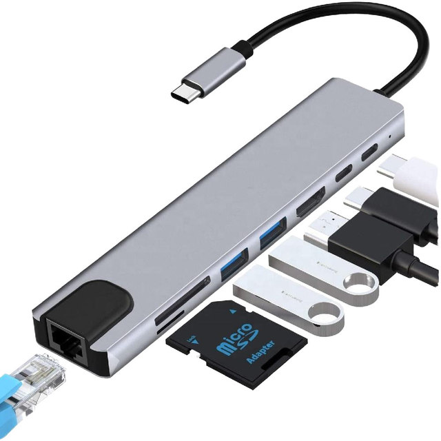 8-in-1 USB-C Hub for 2.0 PD87W RJ45 Ethernet Aluminum Alloy Docking Station for PC Laptops Smartphones USB 3.0 in Stock