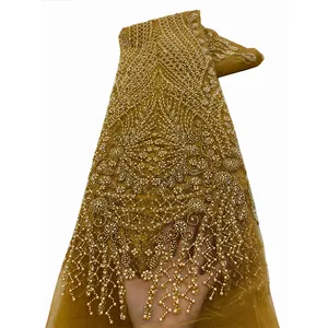 NI.AI Gold Color Beaded Net Lace Wedding Luxury Pearls and Sequins Lace Fabric for Women Party Dress