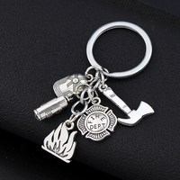 Porte-clés Thème Pompier Argenté : Casque de Secours, Extincteur, Flamme, Tuyau – Breloques Multiples, Pendentif Métallique, Cadeau