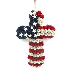SYART Fourth Of July Wall Decor Handmade Wood Chip Patriotic Crucifix Cross Decoration Product In Stock