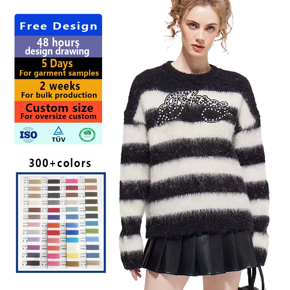 2023 fuzzy Intarsia knit jacquard custom mohair wool knitted pullover oversized plus size sweater for women