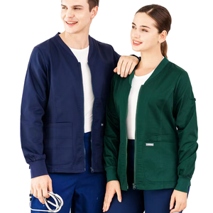 Blouse de travail pour femmes, manches longues, verte, fermeture éclair sur le devant, uniforme d'hôpital, tissu tissé en coton et polyester - Product Image 2