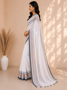 Elegante Sari Blanco de Mezcla de Algodón para Mujer con Tela Suave y Transpirable y Estilo Étnico Indio Clásico, Ligero y Cómodo - Product Image 2