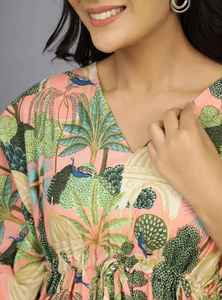 Vestido Kaftán Maxi de Algodón con Estampado de Pavo Real, Hecho a Mano en India, Ligero y Transpirable, para Playa o Resort, Estilo Boho para Mujer - Product Image 3