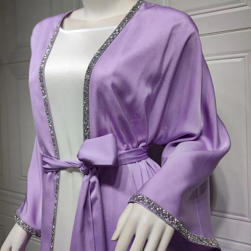 New Design Eid Dubai Islamic Modest Abaya Women Muslim Dress Inner Slip Dress Abaya Set Diamond Satin Silk Open Abaya