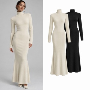 Robe élégante pour femme en satin, sans col, à manches longues, coupe mini trapèze, style vintage, infroissable, décontractée, taille naturelle, couleur unie - Product Image 2