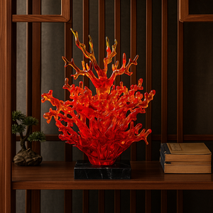 Jingyue Rode Koraalhars Kunstsculptuur, Abstract Decor Voor Luxe Huis En Kantoor, High-End Ornament Met Zwart Marmeren Basis - Product Image 3
