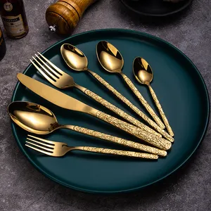أدوات مائدة مطلية بالذهب من الفولاذ المقاوم للصدأ ، أدوات مائدة ، طقم ملعقة وشوكة ، مأدبة زفاف فاخرة