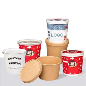 Tigela de sopa quente de papel Kraft descartável com tampa de papel para embalagem de alimentos com 8 12 16 20 24 26 onças impressa personalizada
