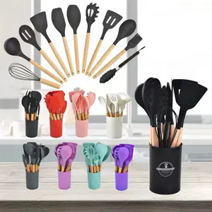 Custom 12 PCS Kitchen Utensils Set Wood Handle Cooking Utensils Set with Holder Wholesale Kitchen Tools