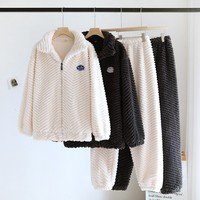 Ensemble de pyjama en flanelle de polyester pour couples, hiver, longueur intégrale, tricoté, doublure en polaire, manches longues, fermeture éclair, confortable et doux