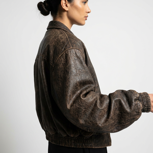 Chaqueta de Motociclista de Cuero Vintage para <span class=keywords><strong>Mujer</strong></span>, Corta, Estilo Bomber, Lavado al Aceite, Color Marrón Espresso, Resistente al Viento e Impermeable para Invierno - Product Image 3