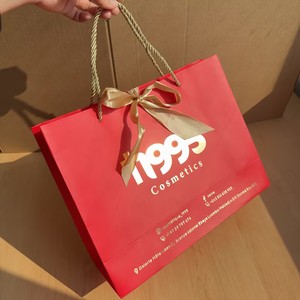 Low MOQ Luxury Red Gift Paper Bag Custom Brand Design Logo Cosmetics Jewelry <b>Clothes</b> Packing Shopping Bags with Ribbon - Product Image 3